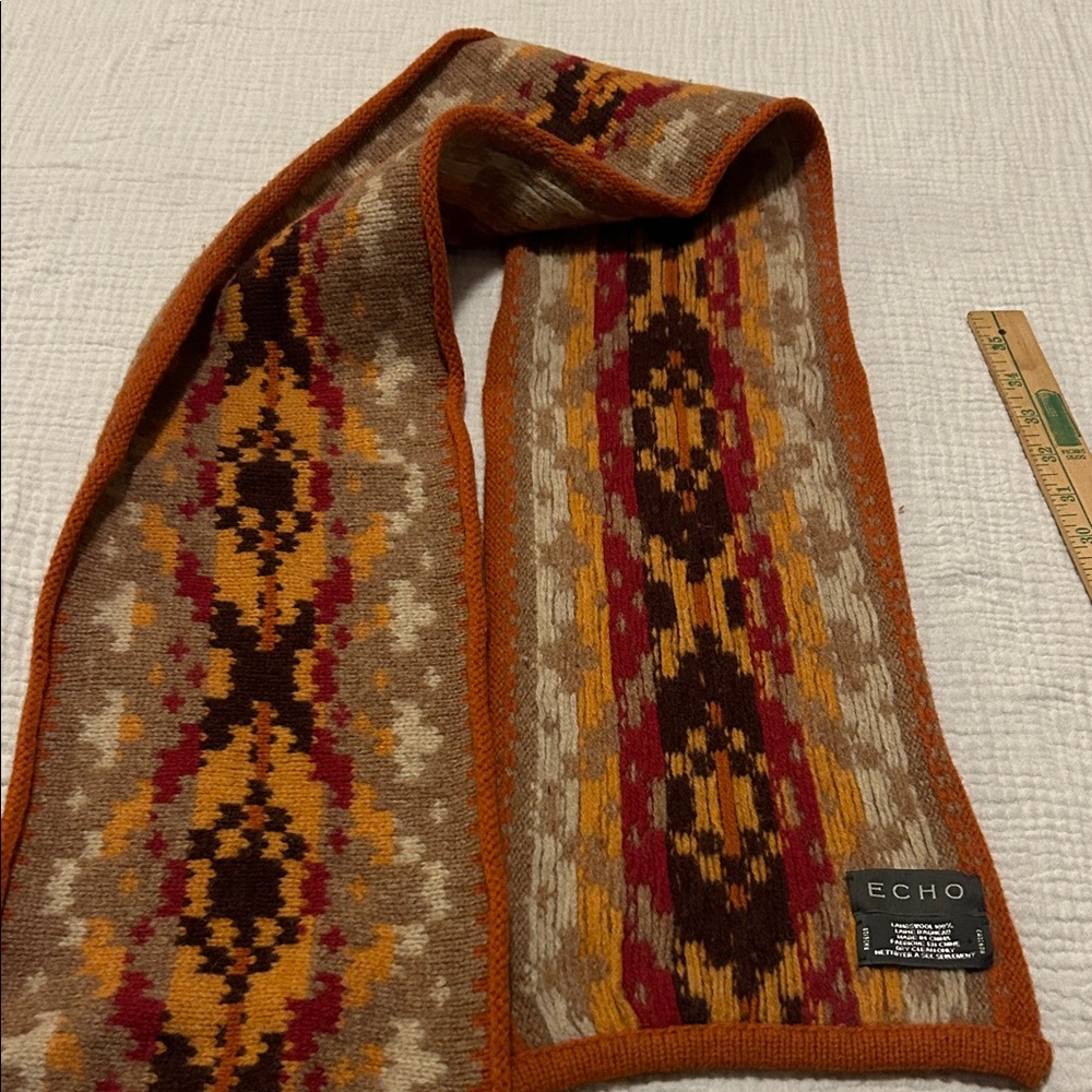 Echo Women’s Brown & Orange Knit Scarf 100% LambsWool Preppy Goblin Core Earthy - Picture 7 of 7